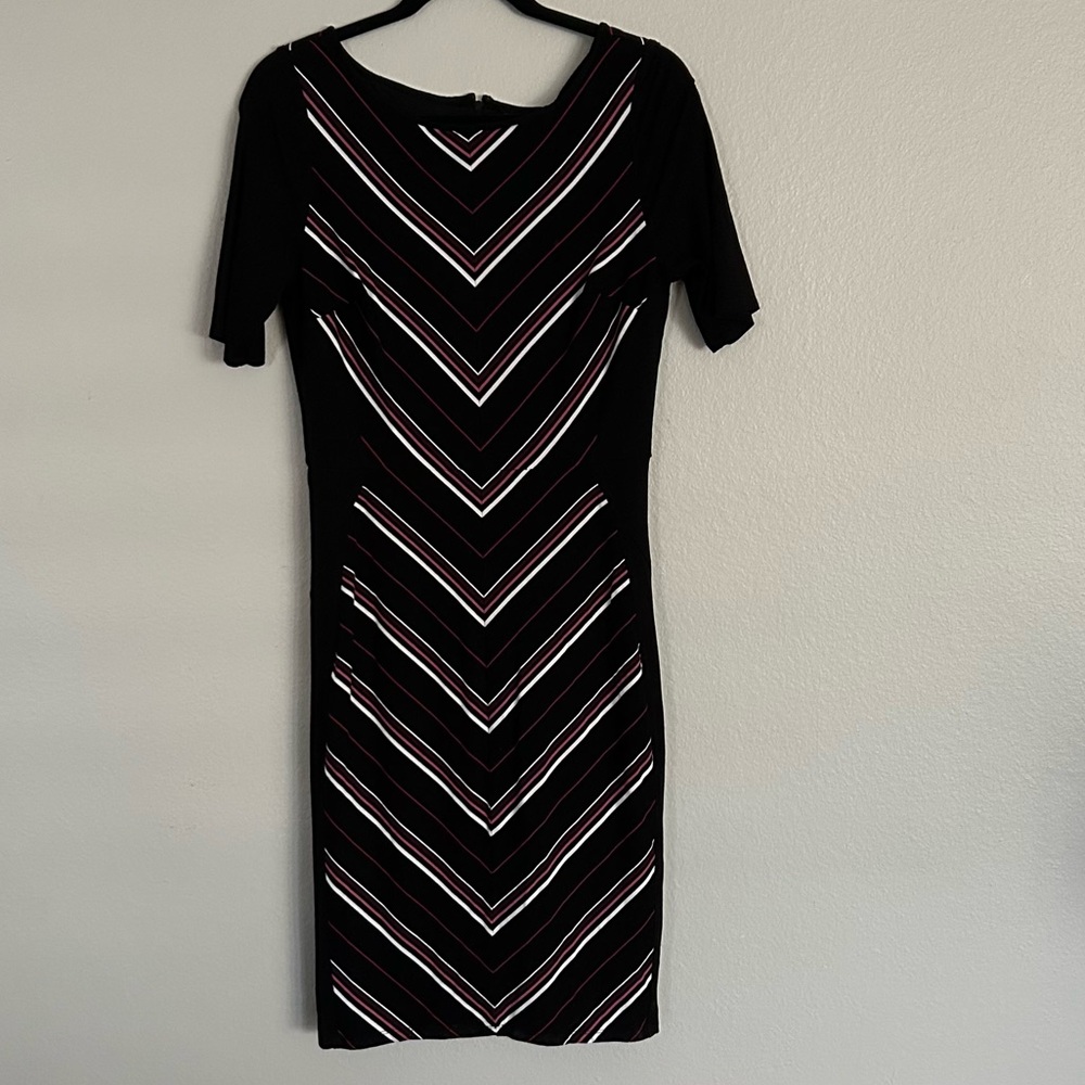 White House Black Market Black Midi Dress with White and Pink Chevron Stripes